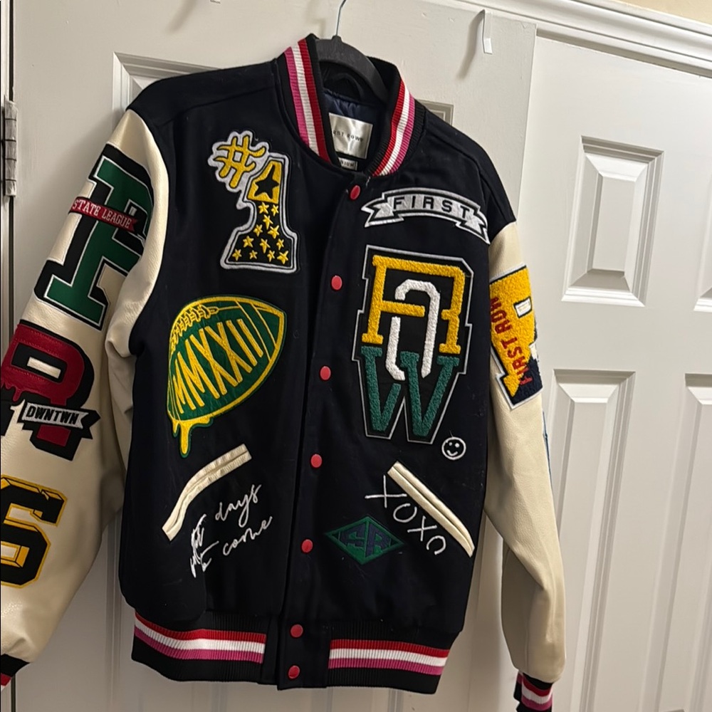Black & Cream Varsity Bomber Jacket with Patchwork Detailing